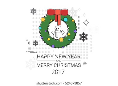 Merry Christmas Happy New Year Simple Line Sketch Banner Card Outline Vector Illustration