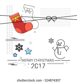 Merry Christmas Happy New Year Simple Line Sketch Banner Card Outline Vector Illustration