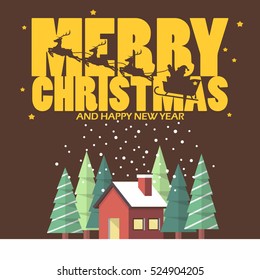 Merry christmas and Happy new year with winter house. greeting card