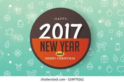 Merry christmas and Happy New year 2017 greeting card background with icon set pattern. Vector illustration.Wallpaper.flyers, invitation, posters, brochure, banners, calendar