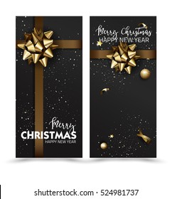 Merry Christmas or Happy New Year web banner design template. Holiday Greeting cards with golden bows and copy space. Vector illustration.