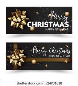 Merry Christmas or Happy New Year web banner design template. xmas Greeting cards with golden bows and copy space.  Vector illustration.