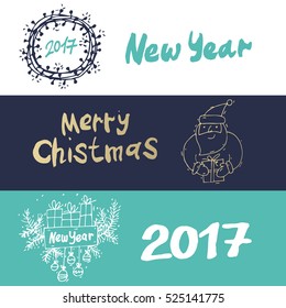 Merry Christmas and happy New Year banners. Hand drawn vintage style. Postcard, printed matter, greeting card, badges, website design, labels, internet marketing. Flat design vector illustration.