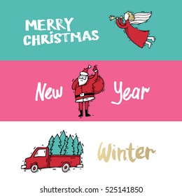 Merry Christmas and happy New Year banners. Hand drawn vintage style. Postcard, printed matter, greeting card, badges, website design, labels, internet marketing. Flat design vector illustration.