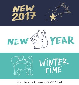 Merry Christmas and happy New Year banners. Hand drawn vintage style. Postcard, printed matter, greeting card, badges, website design, labels, internet marketing. Flat design vector illustration.