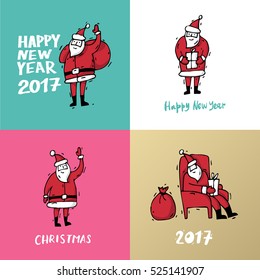 Merry Christmas and happy New Year. Hand drawn vintage style. Postcard, printed matter, greeting card, badges, stickers, website design, labels, internet marketing. Flat design vector illustration.