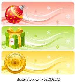 Merry Christmas and Happy New year banner set. Vector illustration - ball decoration, gift box, clock icons. Holiday pattern background.