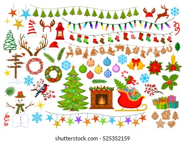 Merry Christmas and Happy New Year, seasonal, winter xmas decoration items objects elements  design set collection with xmas tree, santa sleigh, presents, fireplace, wreaths, candles, garlands