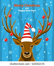 Merry Christmas and Happy New Year seasonal winter greeting card with deer in xmas striped hat and decoration balls, snow and forest background