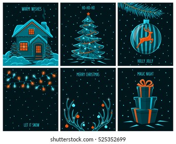 Merry Christmas and Happy New Year background posters, greeting card templates with xmas house, led garland lights, presents, deer antlers, decorated tree, pine branch and ball