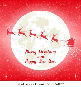 Merry Christmas and Happy New Year holiday banner. Silhouette Santa Claus in sleigh with reindeer on moon, stars and snow background. Night. Concept poster, flyer, greeting card. Cartoon style. Vector