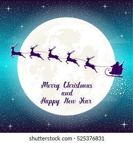 Merry Christmas and Happy New Year holiday banner. Silhouette Santa Claus in sleigh with reindeer on moon, stars and snow background. Night. Concept poster, flyer, greeting card. Cartoon style. Vector