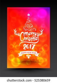 Merry Christmas and Happy New Year large postcard with calligraphic text on bokeh background. Vector illustration.