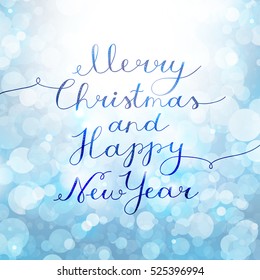 merry christmas and happy new year, vector lettering, handwritten text on background with lights