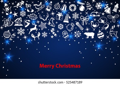 Merry Christmas and Happy New Year background with xmas winter decoration design elements, objects, items and glowing sparkling stars in blue and white colors