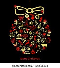 Merry Christmas and Happy New Year decoration, winter holiday elements arranged in circle as hanging xmas tree ball with bow in red, gold, black colors