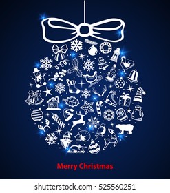 Merry Christmas and Happy New Year decoration, winter holiday elements arranged in circle as hanging xmas tree ball with bow. in blue and white color