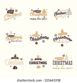 Merry Christmas and Happy New Year signs vector set. Gold