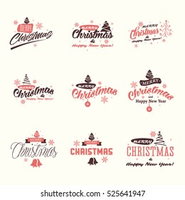 Merry Christmas and Happy New Year signs vector set. Red