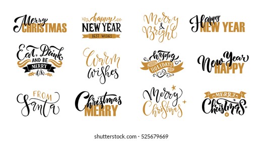 "Merry Christmas & Happy New Year" greeting card. Lettering celebration logo. Typography which is connected with winter holidays. Calligraphic poster on textured background. Postcard motive.