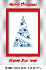 Merry Christmas and Happy New Year Vector Greeting Card Knitted Pattern Frame Xmas Tree Snowflakes Balls Spruce