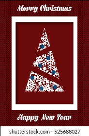 Merry Christmas and Happy New Year Vector Greeting Card Knitted Pattern Frame Xmas Tree Snowflakes Balls Spruce