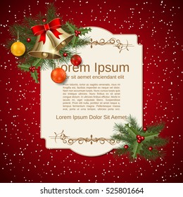Merry Christmas and Happy New Year red vector background with fir branches, luxury balls, bells and blank paper card
