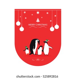 Merry Christmas and Happy New Year! Greeting card with cute penguins in Santa hats. Vector illustration.