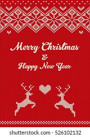 Merry Christmas & Happy New Year Lettering Design on Handmade Knitted Background. Scandinavian Style Vector Illustration with Reindeer and Heart for Greeting Card or Poster for X-Mas Party