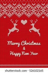 Merry Christmas & Happy New Year Lettering Design on Handmade Knitted Background. Scandinavian Style Vector Illustration with Reindeer and Heart for Greeting Card or Poster for X-Mas Party