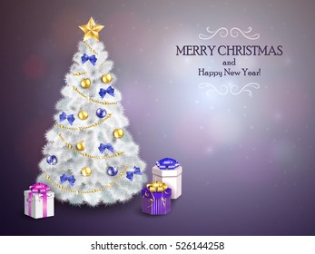 Merry Christmas and happy New year. Christmas tree decorated with baubles and balls and gifts on blue background. Vector illustration.