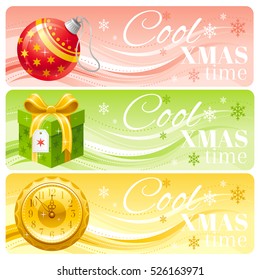 Merry Christmas and Happy New year banner set. Vector illustration - ball decoration, gift box, clock icons. Holiday pattern background. Cool xmas time text lettering logo