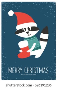 Merry christmas and happy new year congratulation. Winter holiday card with a smiling raccoon in a Santa Claus's hat with a Christmas Sock. Vector flat isolated illustration.
