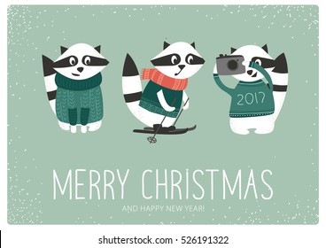 Merry Christmas and happy new year congratulation. Winter holiday card with cute smiling raccoons in sweaters. Vector flat isolated illustration.