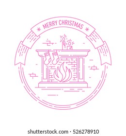 Merry Christmas and Happy New Year creative badge or labels with fireplace, socks and candles for greetings cards, gift tags, Christmas sale or web design. Thin lines,. Vector.