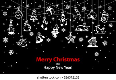 Merry Christmas and Happy New Year winter greeting card background with xmas decoration elements hanging on ropes as garland in black and white colors
