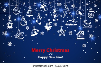 Merry Christmas and Happy New Year winter greeting card background with xmas decoration elements hanging on ropes as garland in blue and white colors