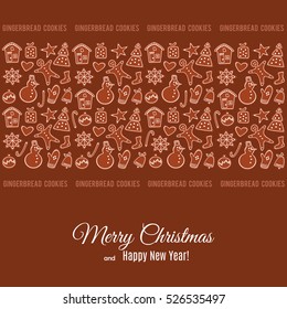 Merry Christmas and Happy New Year greeting card with Gingerbread Christmas Cookies. Abstract background for Holiday decoration. Vector illustration