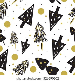 Merry Christmas And Happy New Year Bright Festive Seamless Pattern With A New Year Tree And Geometric Memphis Elements Black And Gold, Greeting Card, Party Invitation, Wrapping Paper Seamless Pattern.