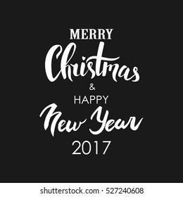 Merry Christmas & Happy New Year lettering. White text isolated on black background. Christmas handwritten typography for card, poster, flyer, postcard.
