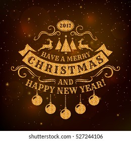 Merry Christmas and Happy New Year! Greeting card with dark background and golden glitter typography badge. Vector illustration.