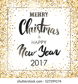 Merry Christmas & Happy New Year Lettering. Handwritten greeting card. Glitter gold background. Christmas typography. Vector illustration.