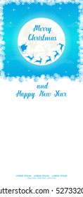 Merry Christmas and Happy New Year holiday banner. Silhouette of Santa Claus flying in sleigh with reindeer on moon background. Concept poster, flyer, greeting card, invitation. Cartoon style. Vector