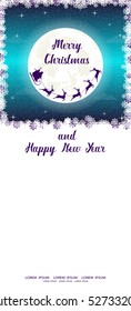 Merry Christmas and Happy New Year holiday banner. Silhouette of Santa Claus flying in sleigh with reindeer on moon background. Concept poster, flyer, greeting card, invitation. Cartoon style. Vector
