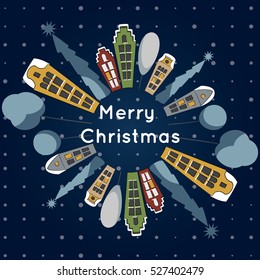 Merry Christmas and happy new year creative town. Wonderland template. New year background with fairy tale houses and planet in snowfall. Retro Christmas card. Happy Holidays greeting banner, poster