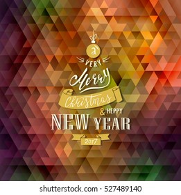 Merry Christmas and Happy New Year. Lettering. Vector Abstract Geometric Background