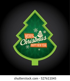 Merry Christmas and Happy New Year greetings card with custom shape Christmas tree. Green background, snowflakes. Print ready