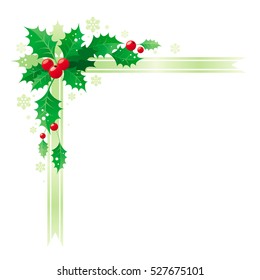 Merry Christmas, Happy new Year corner border banner frame with holly berry leafs. Isolated white background. Abstract xmas poster, greeting card design template. Vector illustration. Merry Christmas.