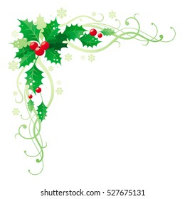 Merry Christmas, Happy new Year square corner banner frame border with holly berry leafs. Isolated xmas white background. Abstract poster, greeting card design template. Vector illustration Christmas.