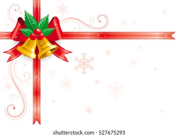 Merry Christmas, Happy new Year corner horizontal border banner with holly berry leafs, red bow. Isolated on white background. Abstract xmas poster, greeting card design template. Vector illustration.